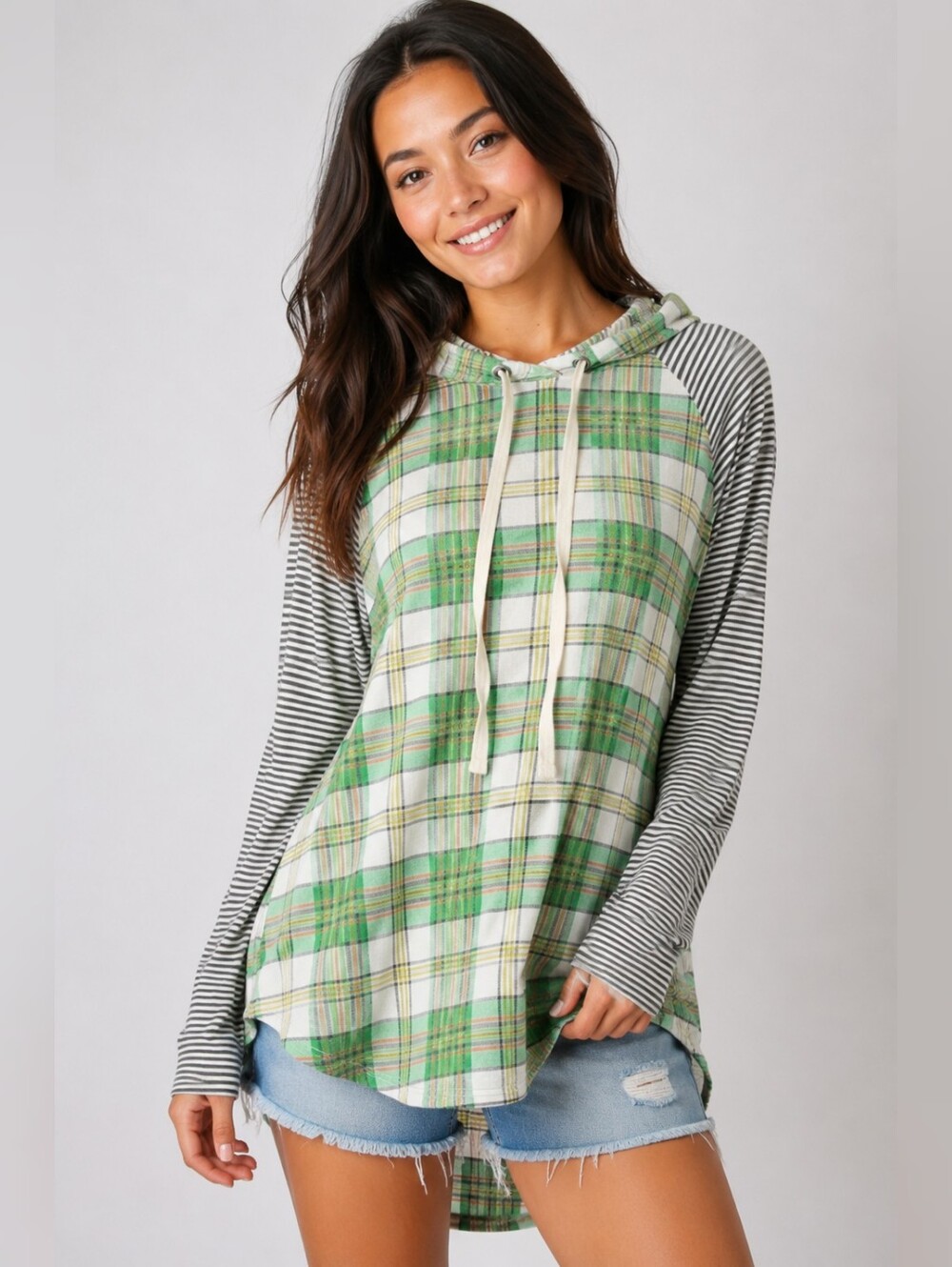 CY Fashion Plaid and Striped Green Hoodie  NWOT